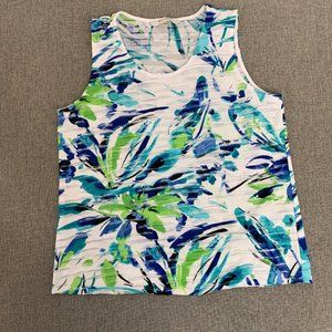 TanJay Floral‎ Sleeveless Top White Blue Green Petite Medium Textured Tank Top